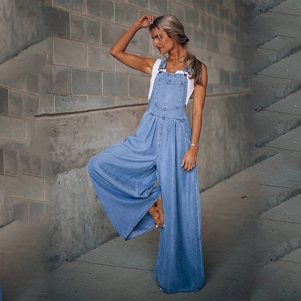 Millie | Denim Tuinbroek met Wijde Pijpen